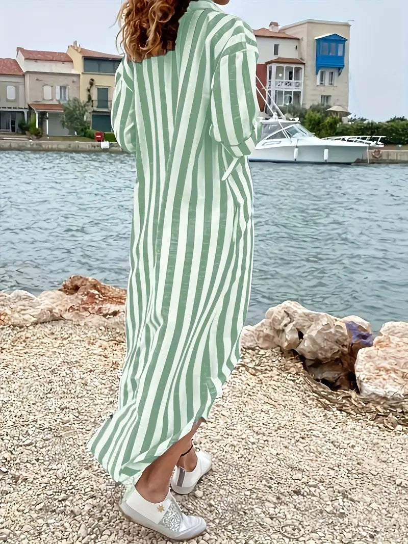 Women's Striped Maxi Shirt Dress Long Sleeve Casual A-Line