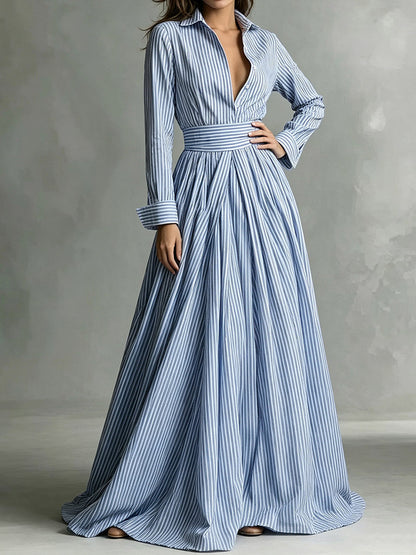 Striped Maxi Shirt Dress Long Sleeve Button Down High Waist