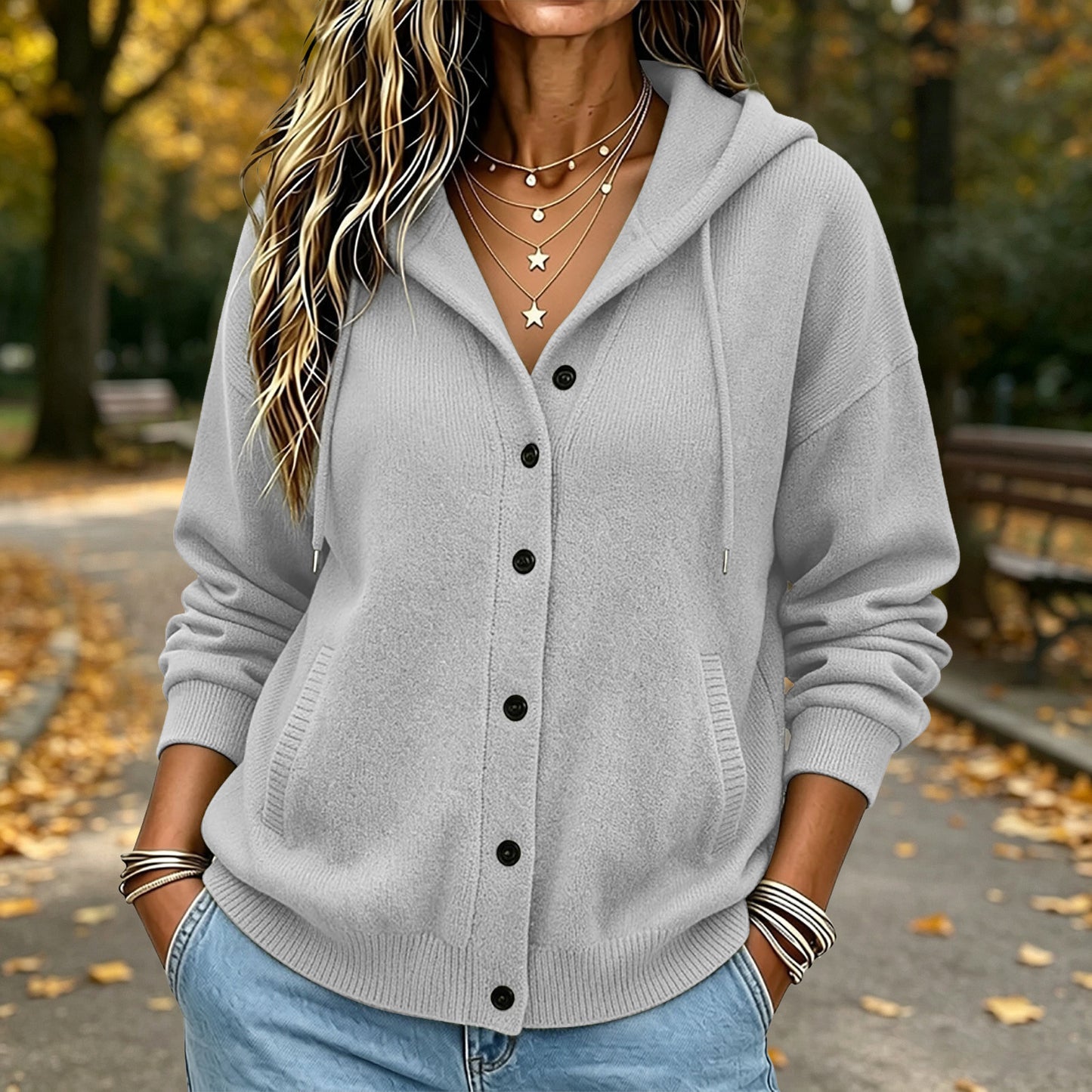 Women's Hooded Button Front Knit Cardigan Sweater Pockets