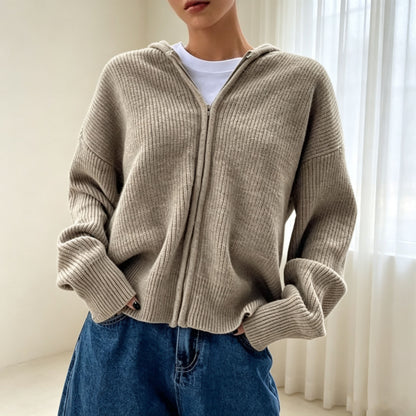 Women's Hooded Ribbed Zip Up Cardigan Sweater
