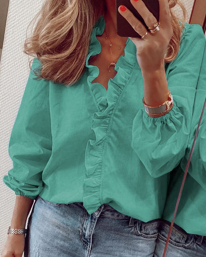 Women's Ruffle V Neck Blouse Balloon Sleeve Casual Top