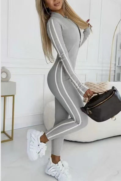 Women's Half Zip Striped Bodycon Long Sleeve Jumpsuit