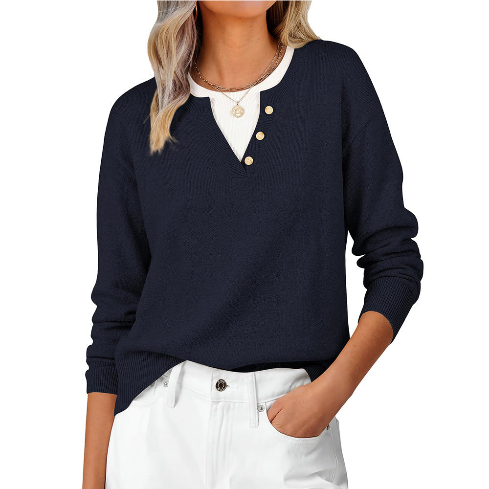 Women's Layered Henley Sweater Long Sleeve Knit Top
