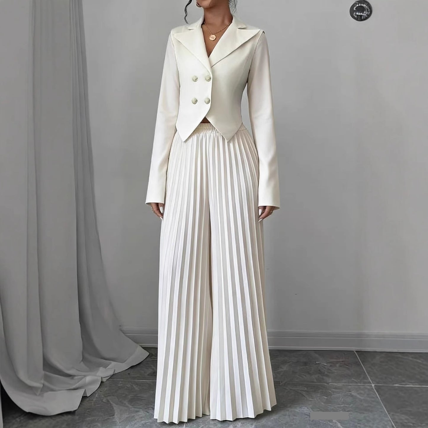 Women's 2 Piece Blazer Set Pleated Wide Leg Pants