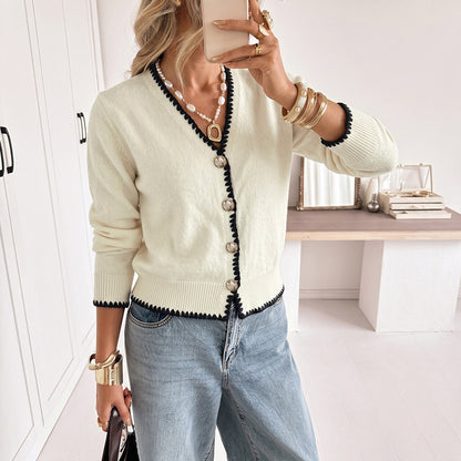 Scallop Trim V Neck Cardigan Contrast Knit Button Front