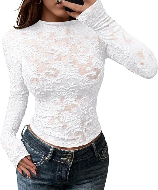 Sheer Lace Mock Neck Long Sleeve Fitted Top