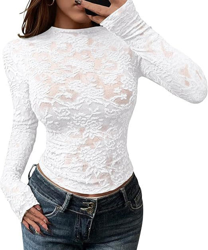 Sheer Lace Mock Neck Long Sleeve Fitted Top