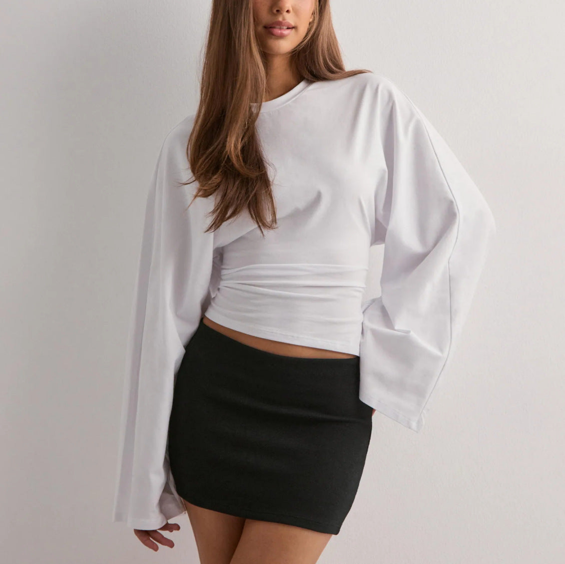 Women's Batwing Long Sleeve Cinched Waist Crew Neck Top
