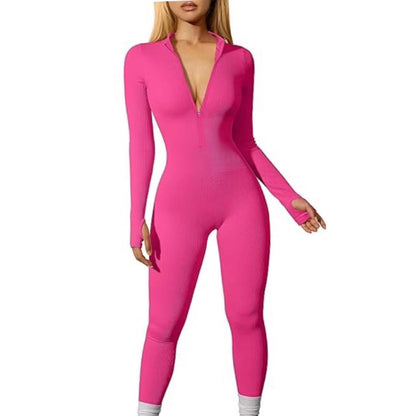 Women's Ribbed Zip Front Long Sleeve Workout Jumpsuit