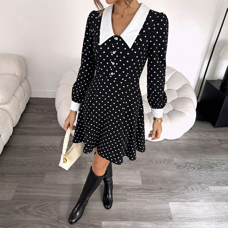 Polka Dot Contrast Collar Long Sleeve Mini Dress