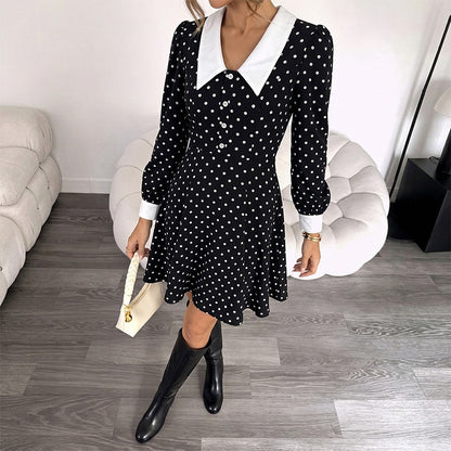 Polka Dot Contrast Collar Long Sleeve Mini Dress