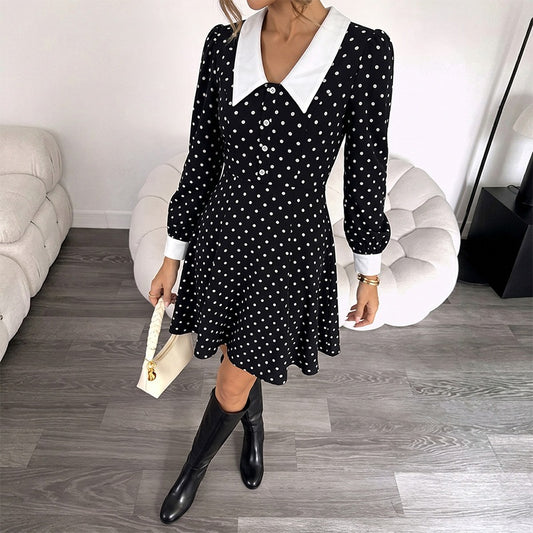 Polka Dot Contrast Collar Long Sleeve Mini Dress