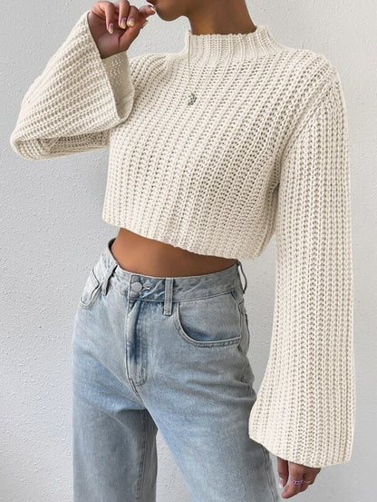 Cropped Mock Neck Bell Sleeve Chunky Knit Sweater