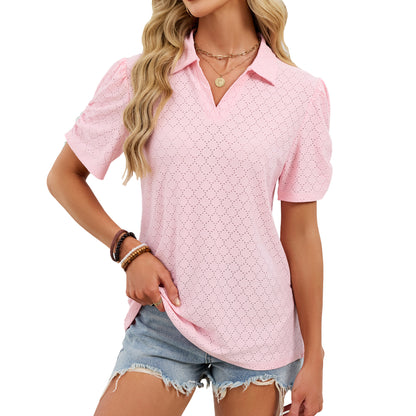 Women's V-Neck Puff Sleeve Polo Shirt Loose Casual Summer Top