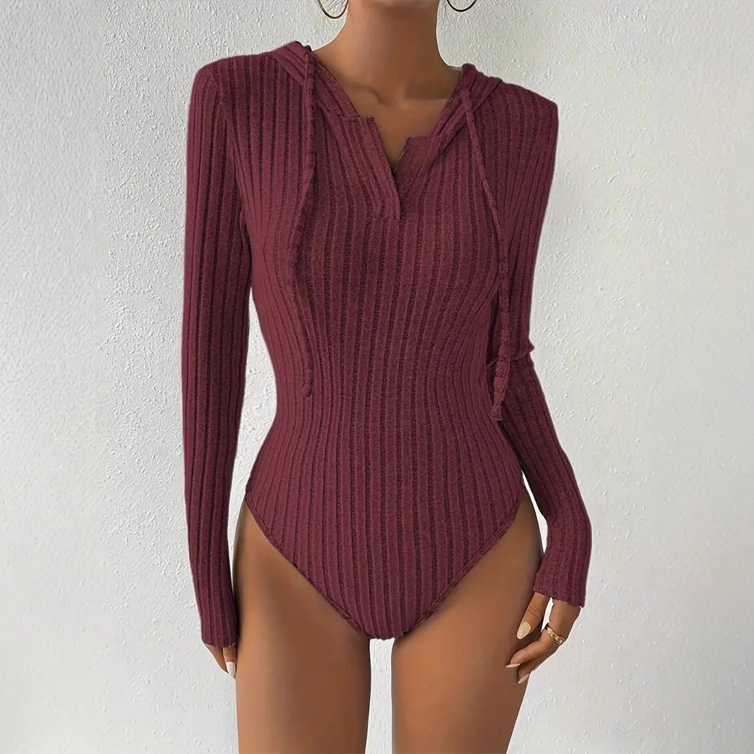 Ribbed Hooded Bodysuit Women Long Sleeve Bodycon