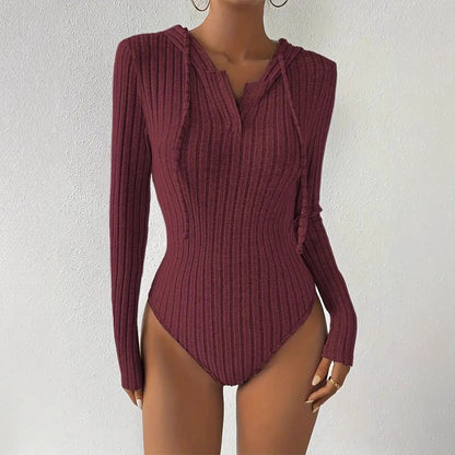 Ribbed Hooded Bodysuit Women Long Sleeve Bodycon
