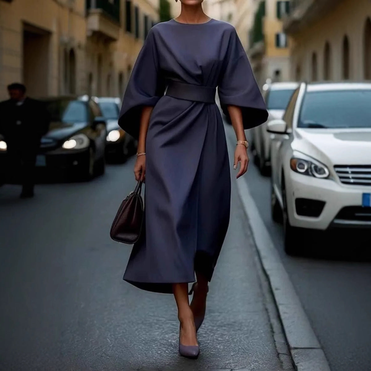 Elegant Batwing Sleeve Tie Waist Maxi Dress