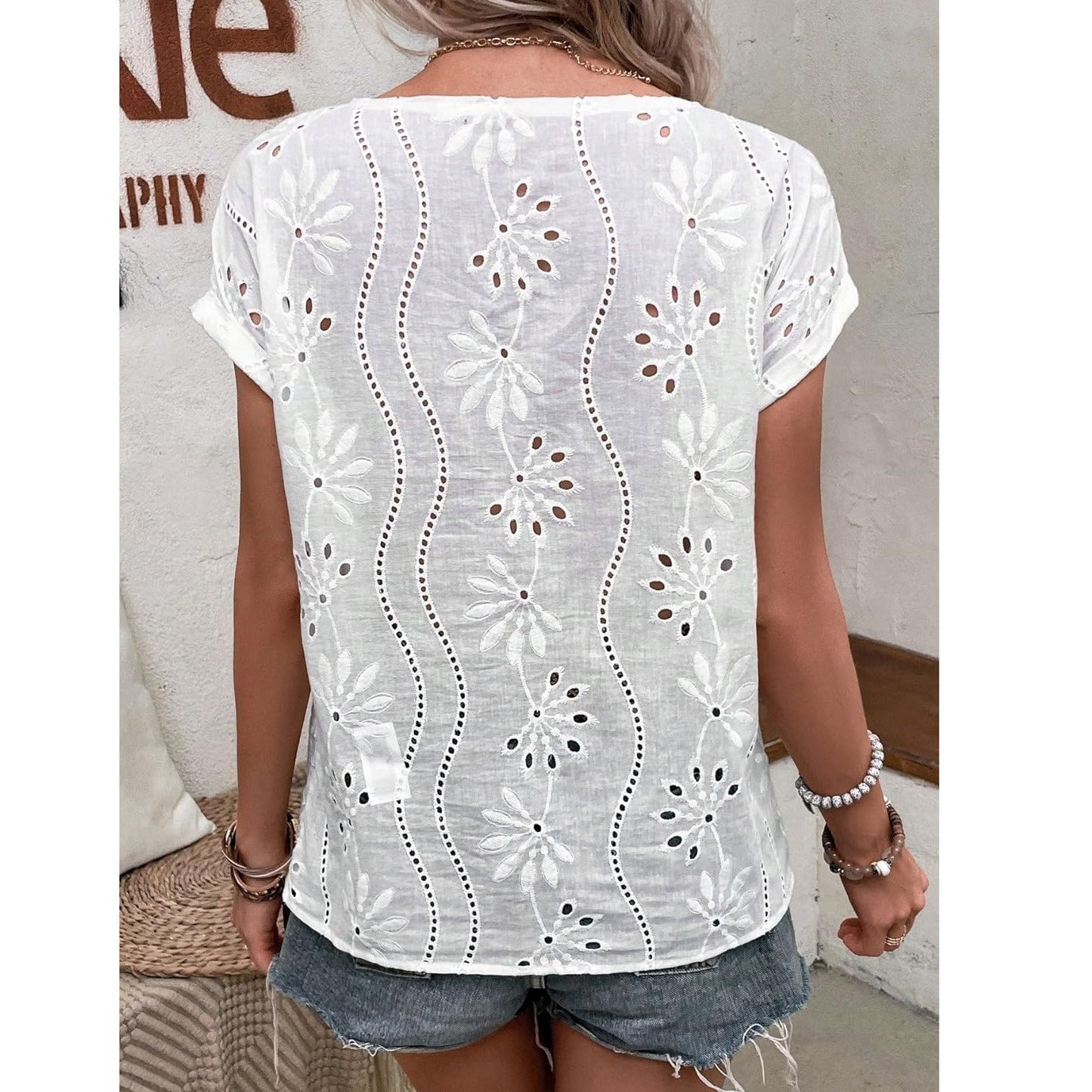 Summer Short Sleeve Eyelet Top with Lace Detail