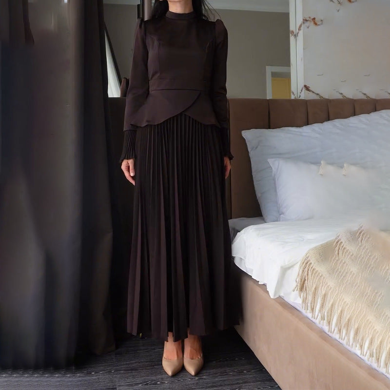 Mock Neck Tie Waist Top & Pleated Maxi Skirt Set