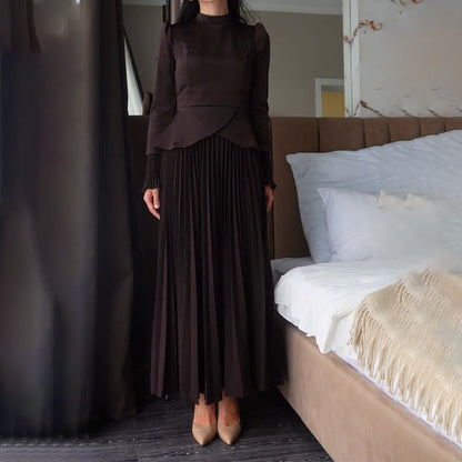 Mock Neck Tie Waist Top & Pleated Maxi Skirt Set
