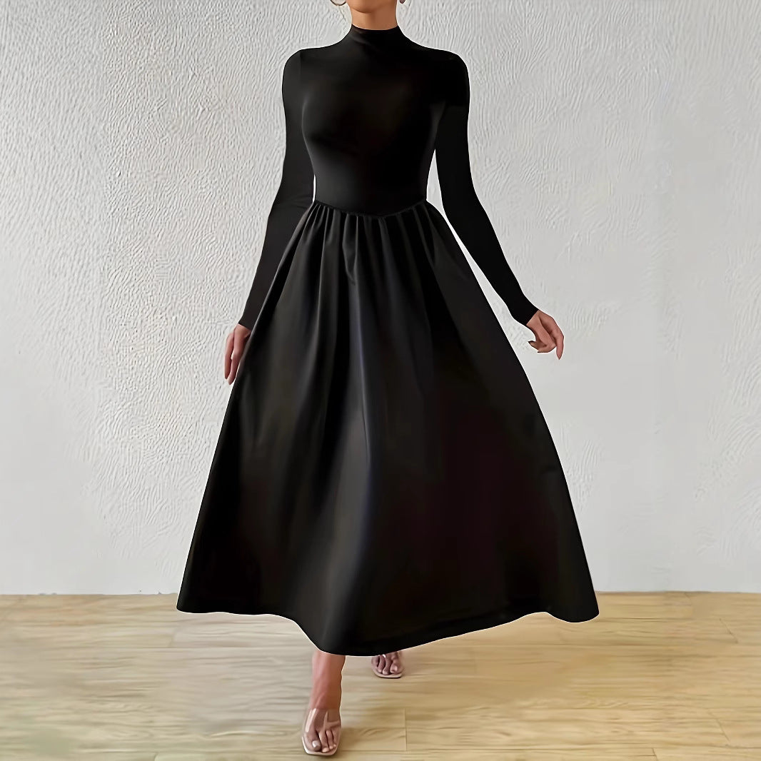 Black Mock Neck Long Sleeve Fit and Flare Maxi Dress