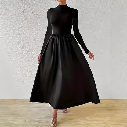 Black Mock Neck Long Sleeve Fit and Flare Maxi Dress