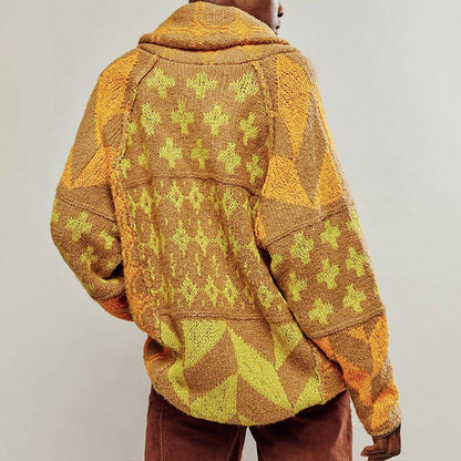 Y2K Oversized Geometric Knit Cardigan Button Front