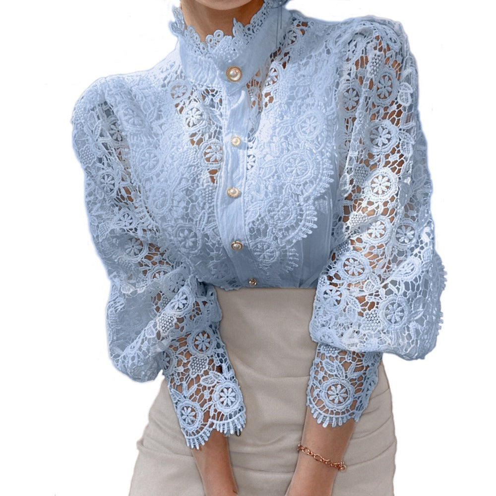 Women's Crochet Lace Floral Bishop Sleeve Blouse