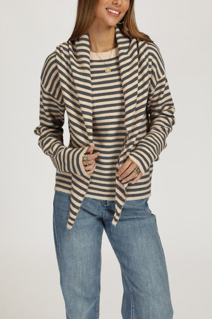 Striped Knit Sweater with Scarf Detail Crew Neck Pullover