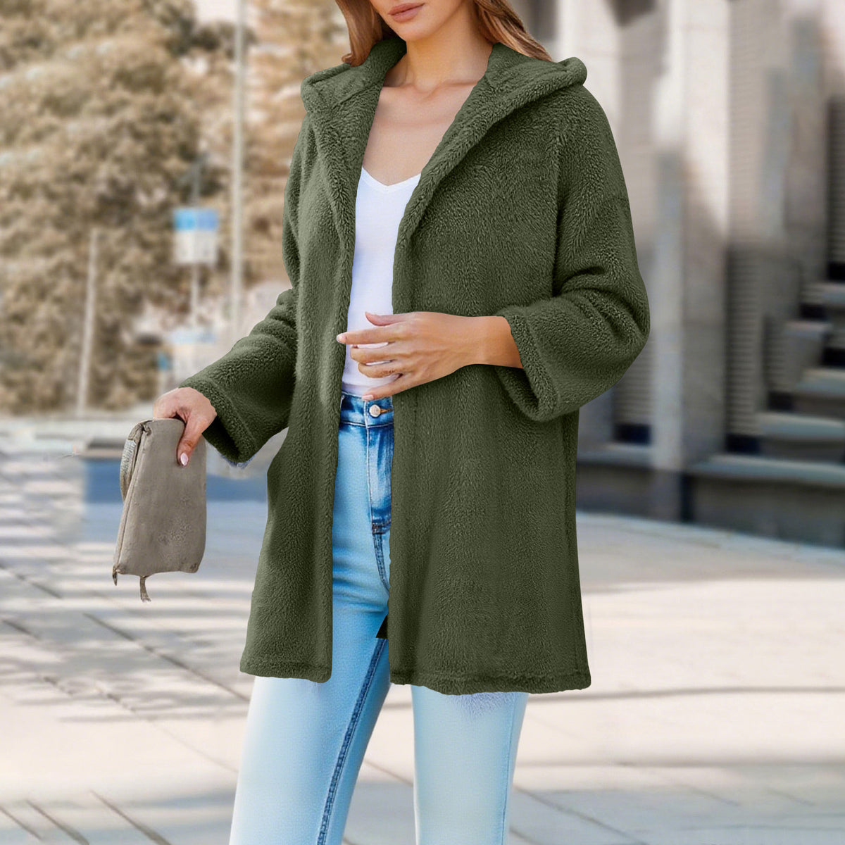 Oversized Sherpa Hooded Cardigan Open Front Coat