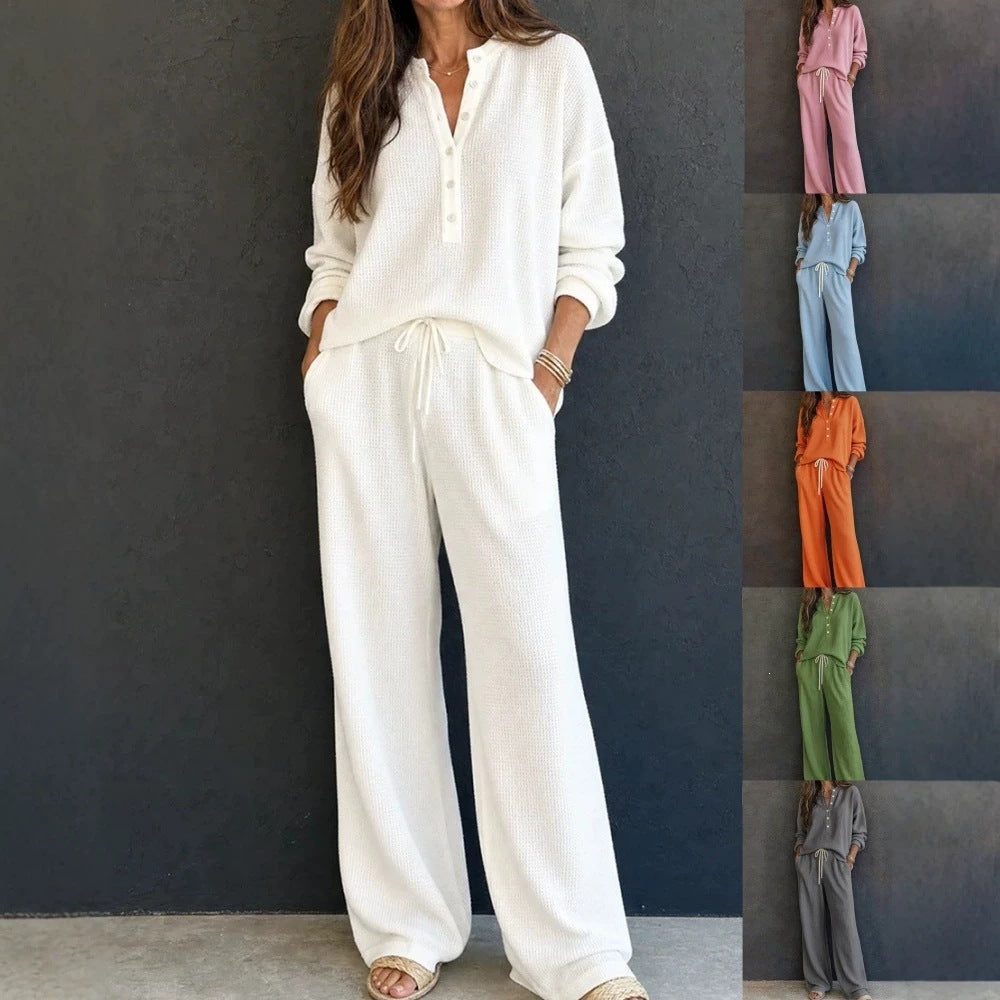 Waffle Knit Two Piece Lounge Set Wide Leg Pants