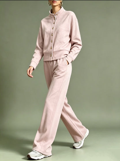 Women's Button Front Sweatshirt Wide Leg Pants Lounge Set