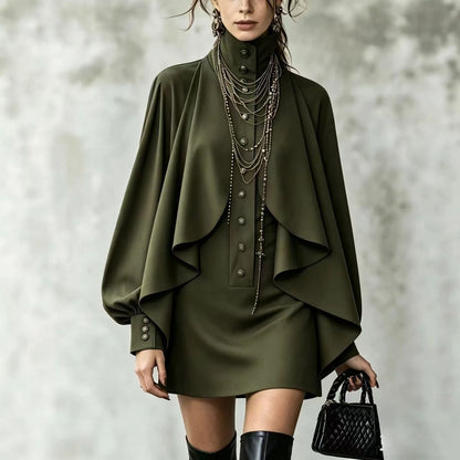 Womens Mock Neck Cape Shirt Dress Puff Sleeve Bodycon Mini