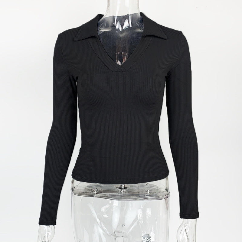 Women's Ribbed Polo V Neck Long Sleeve Fitted Top