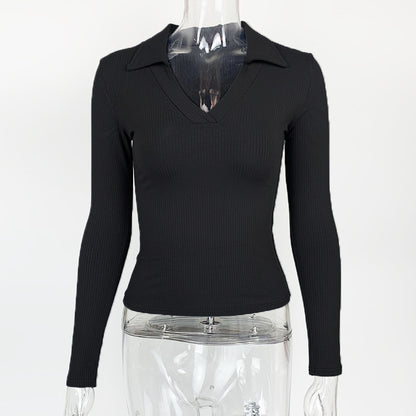 Women's Ribbed Polo V Neck Long Sleeve Fitted Top