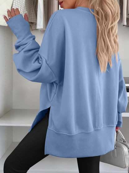 Oversized Crewneck Sweatshirt Batwing Side Slit Fleece
