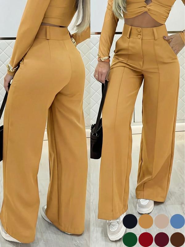 High Waist Wide Leg Pants Double Button Casual Trousers