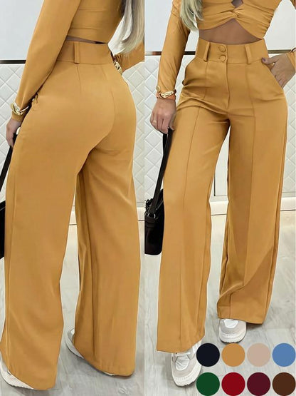 High Waist Wide Leg Pants Double Button Casual Trousers