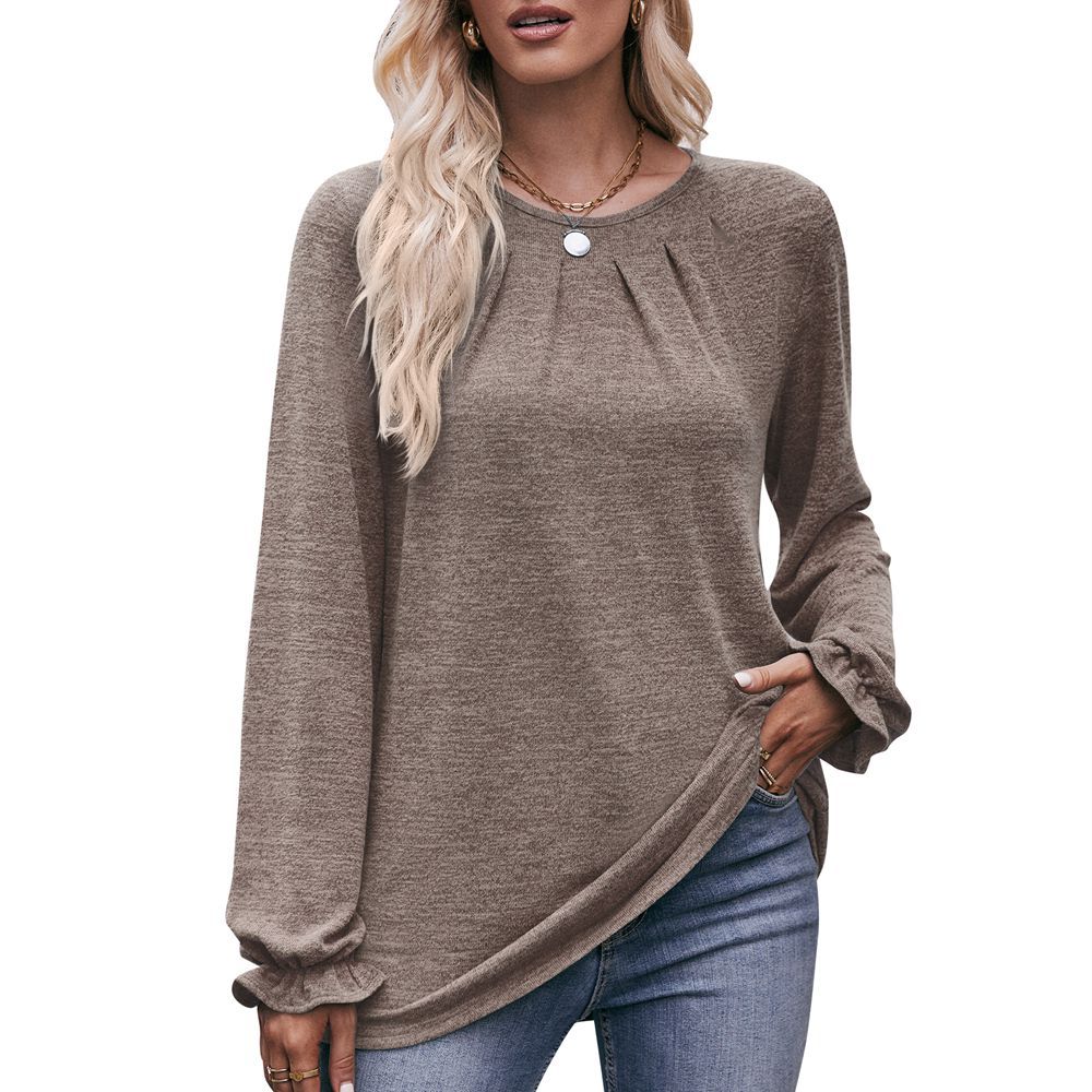 Pleated Crew Neck Long Sleeve T-Shirt with Polished Finish