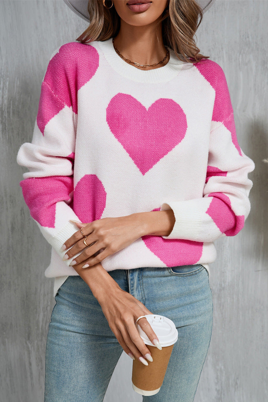 Valentine Heart Knit Sweater Pink Red Pullover Top