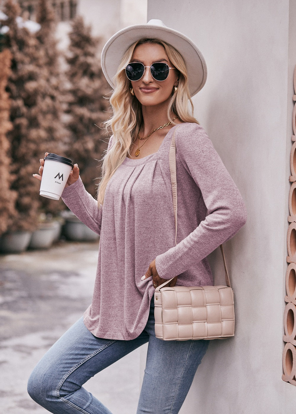 Square Neck Pleated Long Sleeve Top for Women