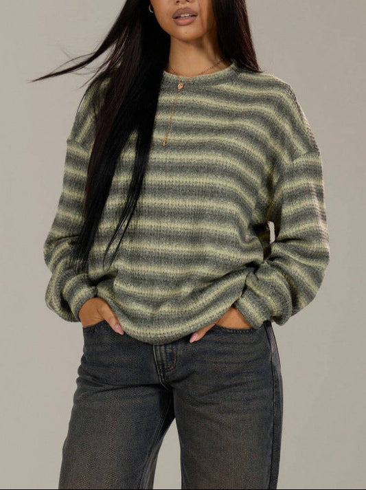 Oversized Striped Crewneck Sweater Casual Drop Shoulder Top