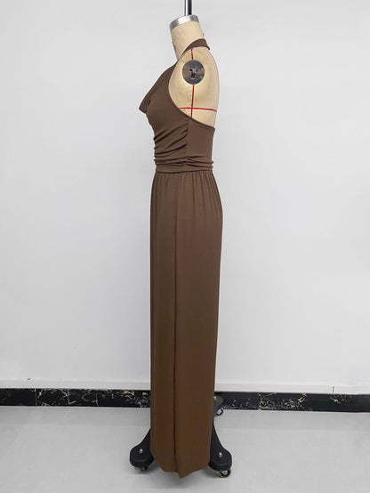 Cowl Neck Backless Wide Leg Jumpsuit Sleeveless Romper