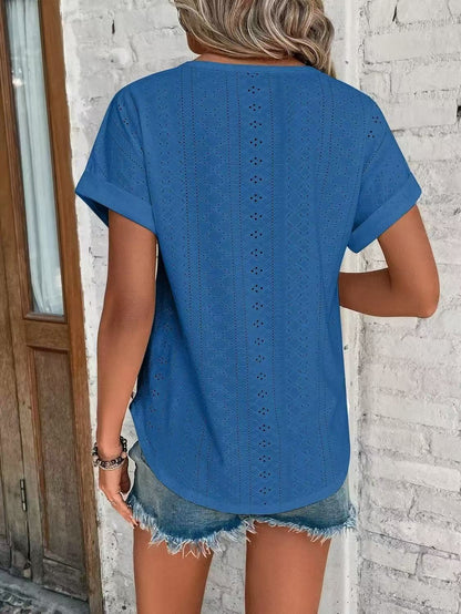 Solid Eyelet Short Sleeve Tee Loose Fit Casual Top