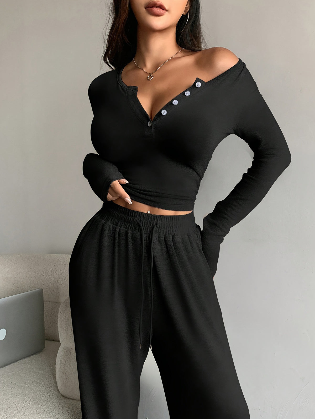 Women's 2 Piece Lounge Set Henley Crop Top Wide Leg Pants