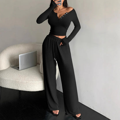 Women's 2 Piece Lounge Set Henley Crop Top Wide Leg Pants