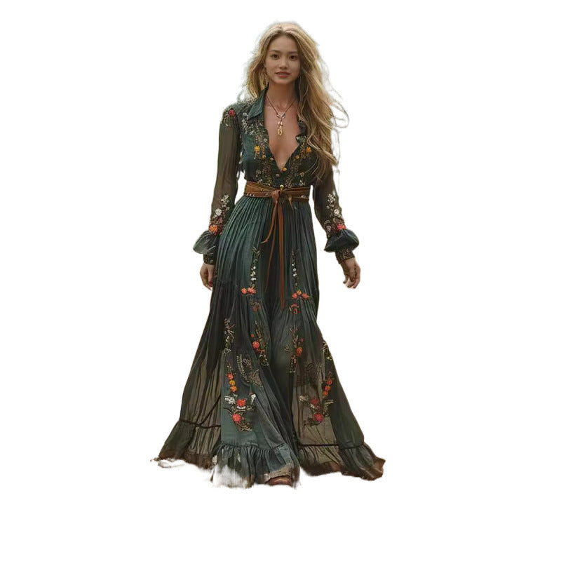 Boho Floral Maxi Dress Long Sleeve Mesh Flowy