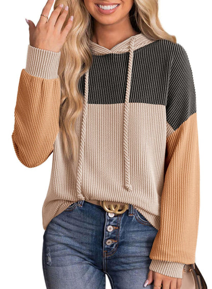 Color Block Ribbed Knit Hoodie Long Sleeve Sweatshirt