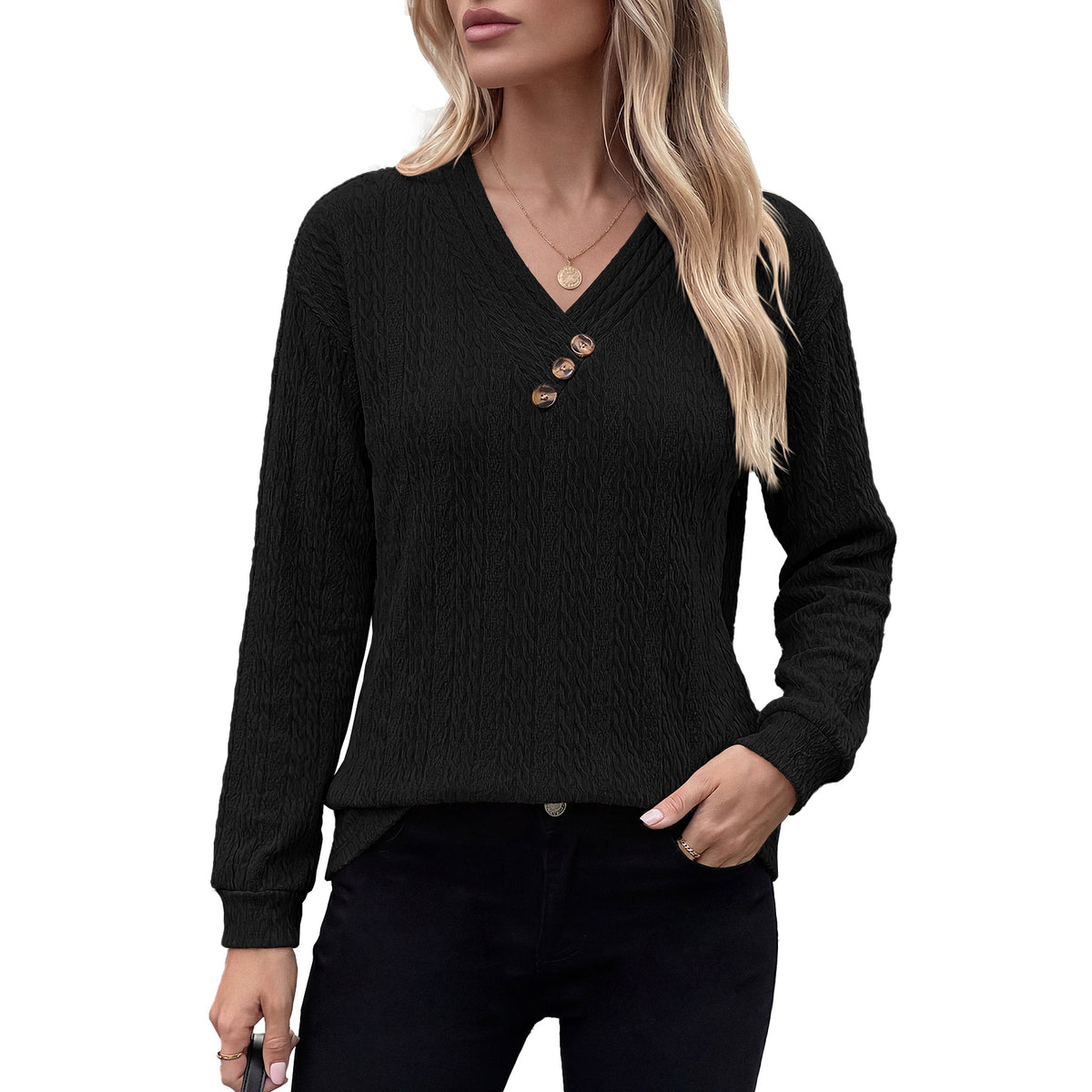 Women's V Neck Button Long Sleeve Textured Casual Blouse