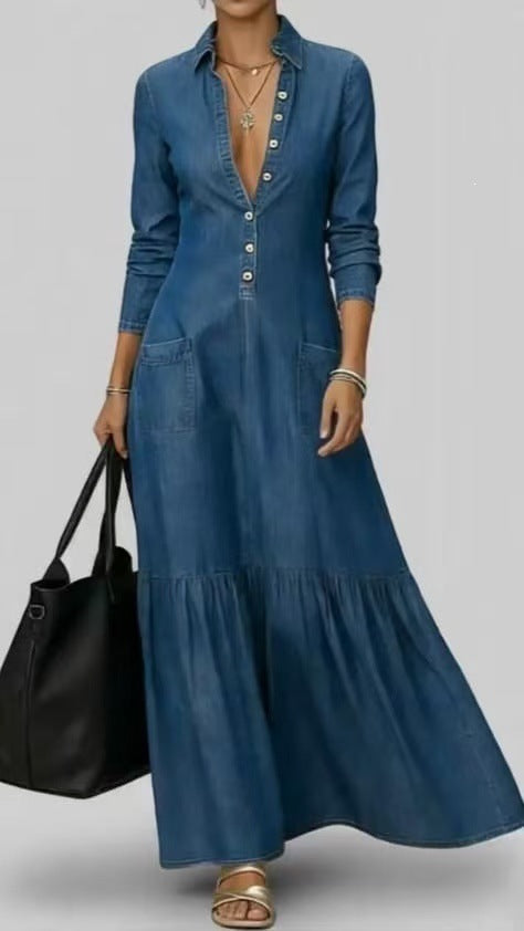 Vintage Denim Shirt Dress Button Front Maxi Collar